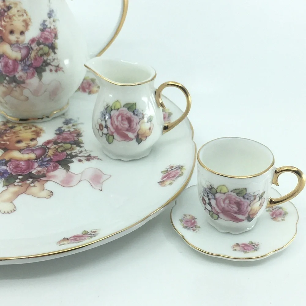 Vintage Children's Mini Tea Set White Porcelain Angel Pink Floral Gold Trim 10pc